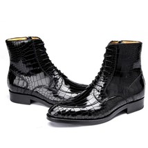 Men Black Combat Boots, Crocodile Leather Ankle Boots, Men&#39;s Lace Up Dre... - £124.12 GBP+