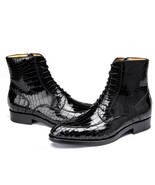 Men Black Combat Boots, Crocodile Leather Ankle Boots, Men&#39;s Lace Up Dre... - £124.28 GBP+