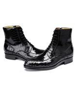 Men Black Combat Boots, Crocodile Leather Ankle Boots, Men&#39;s Lace Up Dre... - $158.00+