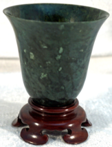 Hand Sculpted Thin Walled Spinach Jade Cup with Wooden Stand Rich Dark G... - £103.90 GBP