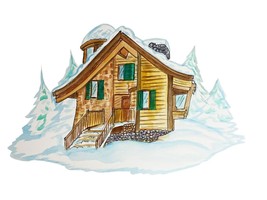 Mountain Cabin in Snow Cover Winter Snow with Evergreen Tree - $6.95+