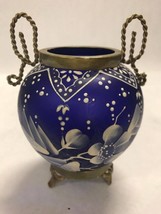 Vintage Antique Small Vase brass accents Cobalt blue urn Painted trinket - $29.69