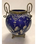 Vintage Antique Small Vase brass accents Cobalt blue urn Painted trinket - £23.64 GBP