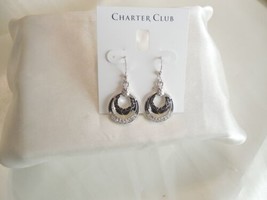 Charter Club 1-5/8&quot; Silver/Dark Grey Tone Crystal Dangle Drop Earrings C... - $14.39