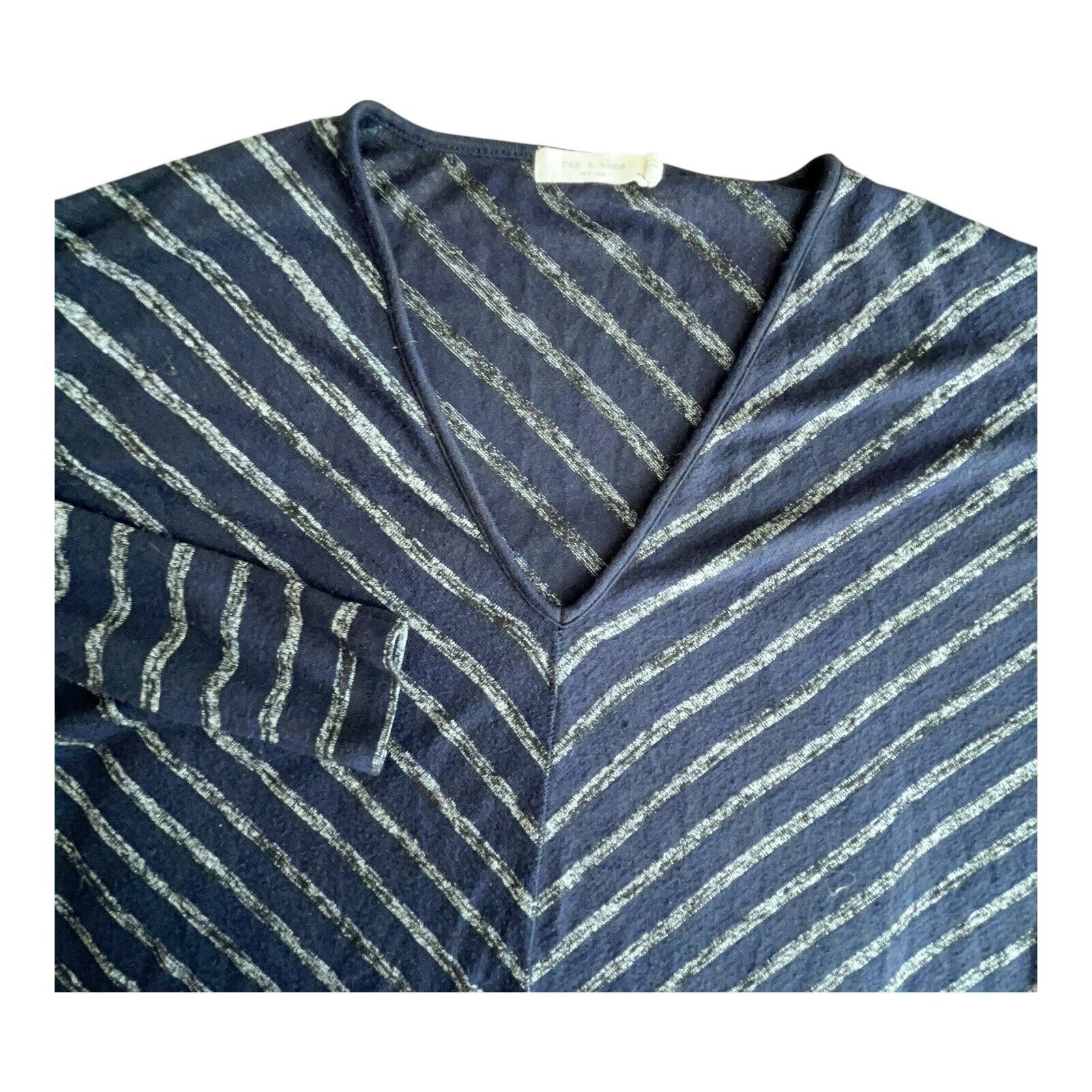 Rag &amp; Bone Shirt Women Medium Navy Blue Striped Knit V-Neck Long Sleeve Top - £14.05 GBP