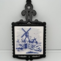 Vintage H.S. Cast Iron Tile Trivet - Holland Blue &amp; White Windmill Made ... - £13.92 GBP