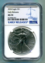 2024 American Silver Eagle Ngc MS70 Early Releases Blue Label Premiun Quality Pq - £47.11 GBP