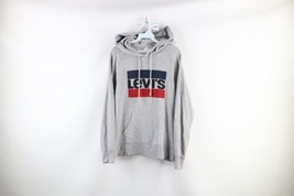 Levis Mens Size Medium Distressed Spell Out Box Logo Hoodie Sweatshirt Gray - $29.65