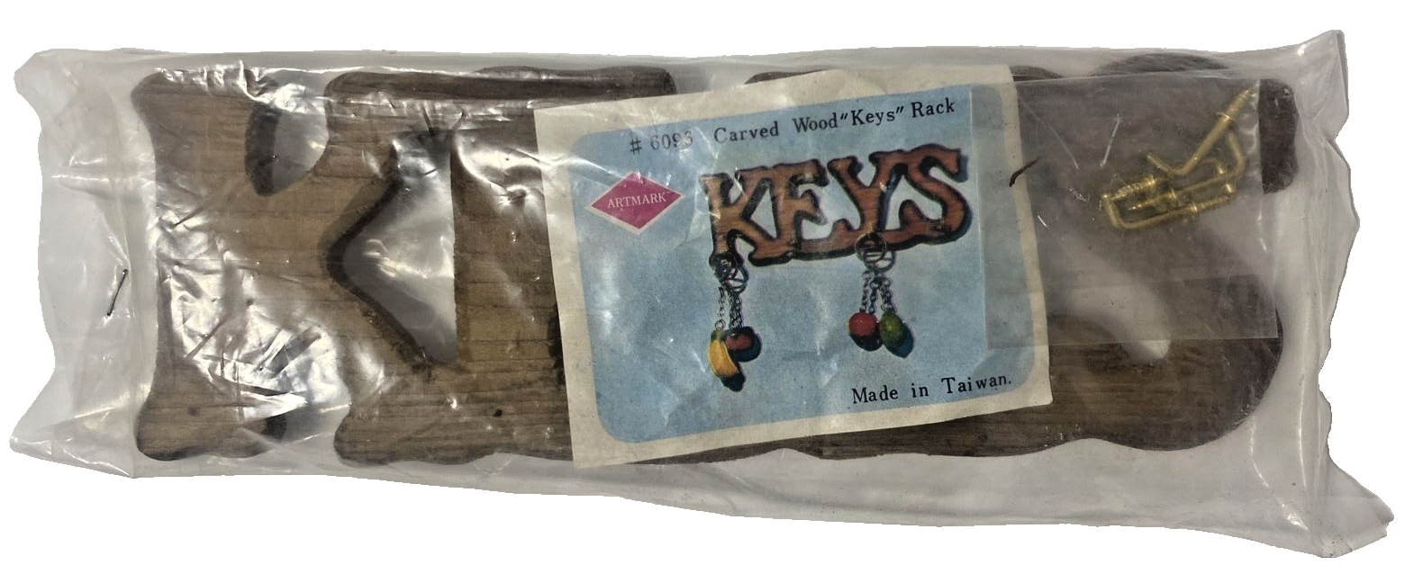 Vintage Artmark Carved Wood Keys Rack DIY 4 Hook Kit Original Packaging 1970's - £11.02 GBP