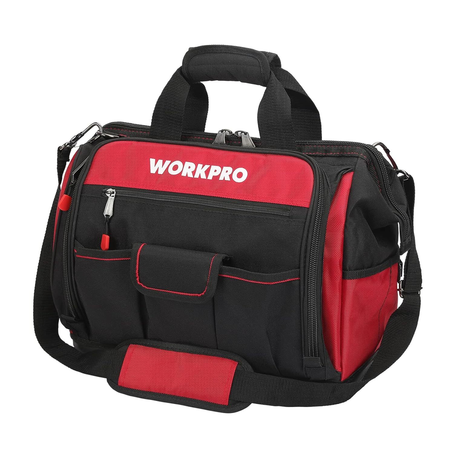 WORKPRO 16" Top Wide Mouth Tool Bag with Water Proof Rubber Base, Multi-Compartm