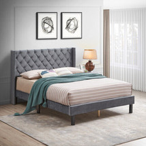 Velvet Button Tufted-Upholstered Bed with Wings Design - Strong Wood Sla... - $238.80
