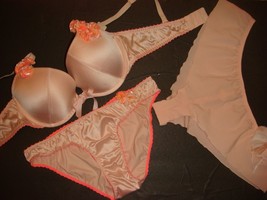 AERIE 36C BRA SET+S panty+M shorts Peach Nude Satin Flower applique Orange Pink - £70.38 GBP