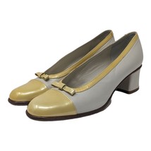 Vintage Silvia Catucci Blocked Heel Pump Shoes Bow Leather Yellow Ivory Italy 8B - £156.44 GBP