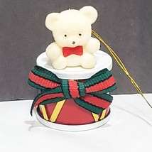 Fuzzy Teddy Bear Sitting on Drum Christmas Ornament 2" White Red Green Avon - £11.55 GBP