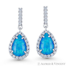 Blue Lab-Created Opal CZ Crystal Halo 925 Sterling Silver Dangling Drop Earrings - £20.01 GBP