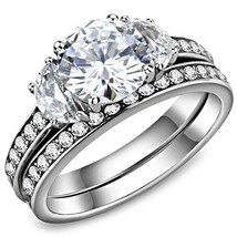 8mm Round Cut AAA CZ Stainless Steel Wedding Band Ring Set Women&#39;s Size 5-10 - £65.03 GBP
