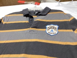 Eddie Bauer Medium M Grey Striped Long sleeve Rugby Polo Shirt Seattle Patch - £27.25 GBP