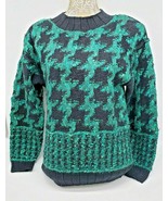 Vtg Hand Knit Wool Blend Pullover Sweater Green Black Houndstooth Size S... - $37.96