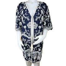 Solitaire Embroidered Duster Womens L Blue Open Front Bohemian Kimono Sl... - $38.20