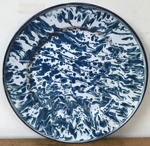 Vintage Antique Farmhouse Blue White Swirl Enamelware Metal Dinner Plate... - £19.66 GBP