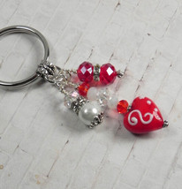 Heart Glass Crystal Rhinestone Beaded Handmade Split Ring Keychain Red W... - £12.96 GBP