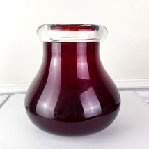 Ruby Red Art Glass Vase With Clear Applied Rolled Lip Heavyweight - £42.05 GBP