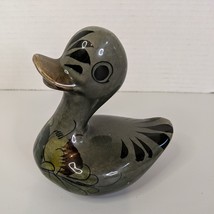 Mexican Folk Art Tonala Hand Painted Stoneware Glazed Pottery Duck Dark Grey - £11.06 GBP