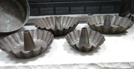 LOT antique 4 TIN FLUTED CAKE JELLO MOLDS graduated STACKING CONE  - £69.55 GBP