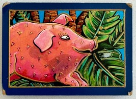 Stylized Anthropomorphic Pig Palm Trees Painted Magnet Wood Block - £15.57 GBP
