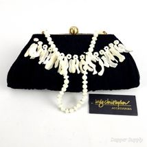 Inge Christopher Black Cloth Clutch Shells &amp; Pearls  9.5" x 4" - $28.90