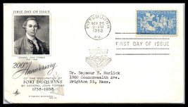 1958 US FDC Cover -200th Anniversary Fort Duquesne, Pittsburgh, Pennsylvania F17 - £2.32 GBP