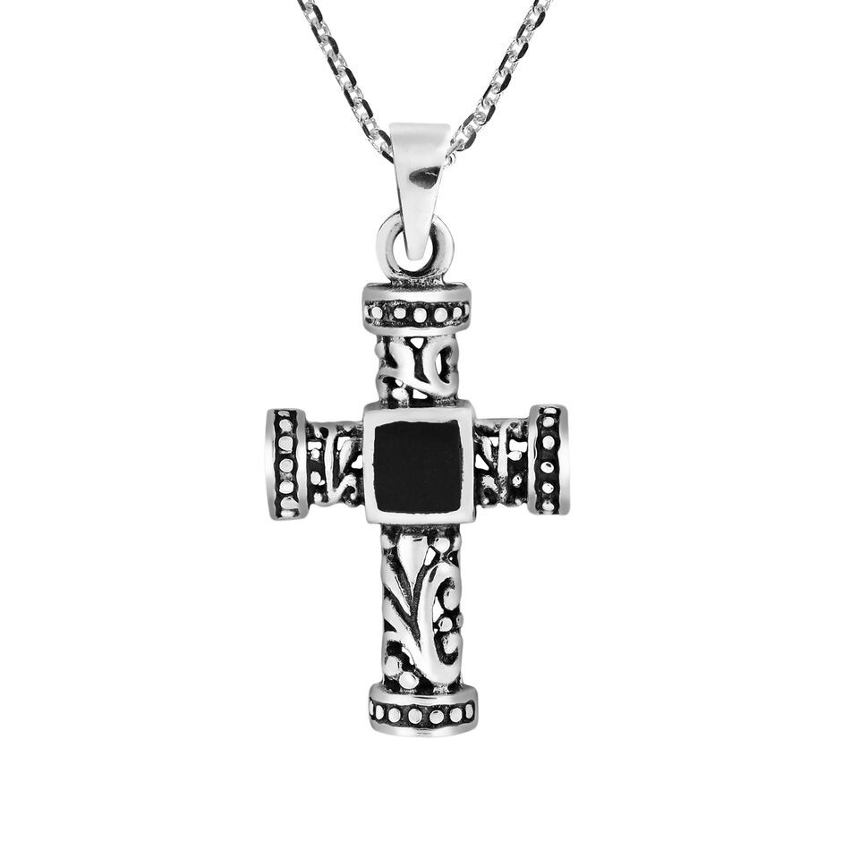 Faith Icon Cross Black Onyx Inlay Filigree Swirls Sterling Silver Necklace - £17.53 GBP