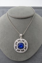 Monet Silver Tone Pendant Necklace Blue Glass Stone Silver Tone 18&quot; Rhinestones - £19.75 GBP