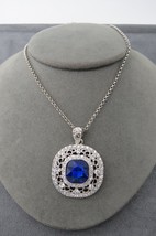 Monet Silver Tone Pendant Necklace Blue Glass Stone Silver Tone 18&quot; Rhinestones - $25.00