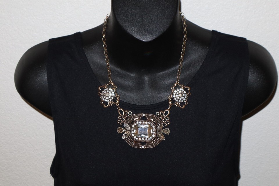 Gold Tone Clear Rhinestone Necklace Chunky Statement Fashion Jewelry Flo... - $14.20