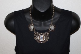 Gold Tone Clear Rhinestone Necklace Chunky Statement Fashion Jewelry Flo... - $14.95