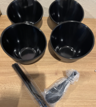 Large Black Ramen Soup Bowl Set for 4 Japanese Bowls w Chopsticks &amp; Spoons NEW - £44.06 GBP