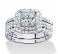 Princess Cz Halo Bridal 3 Ring Set Bands Platinum Sterling Silver 5 6 7 8 9 10 - £158.16 GBP