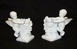 Classic Pair Bisque Angel Cherub Candle Holders w Flowers &amp; Gold Trim Home Shelf - $19.79