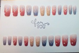 24pc Press on Nails Red White Blue Gradient Heart French Tip Medium Length - £6.39 GBP