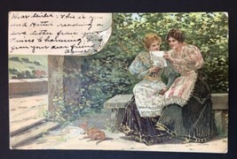 Antique PC Victorian Ladies Reading a Letter Embossed Gold Foil Accents ... - £9.44 GBP