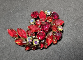 Vintage Red Rhinestone Brooch Aurora Borealis Marquise &amp; Round Stones MC... - $31.50