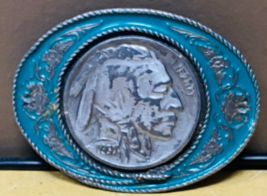 Indian Head Buffalo Nickel Belt Buckle Large Coin Siskiyou Co AQUA 1991 Vintage - $19.80