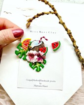 tropical summer style flower &amp; monstera with coconut and watermelon clay earring - $79.99