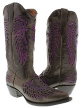 Womens Western Wear Boots Brown Leather Purple Sequins Inlay Wings Snip Toe - £76.30 GBP