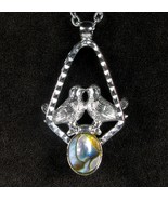ABALONE Cab PAIR of LOVE BIRDS Doves Pendant Vintage NECKLACE Silvertone 18" - $17.81