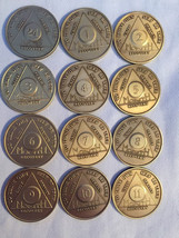 Set of 135 Month Bronze AA Alcoholics Anonymous Medallion Month 1 - 11 & 24hrs - $188.99