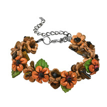 Gorgeous Orange Tropical Flower Garland Handcrafted Leather Bracelet - $19.00
