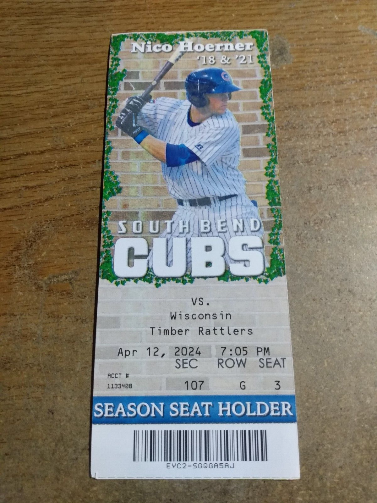 2024 South Bend A+ League Baseball Ticket Cubs Top Prospect Nico Hoerner - $1.75