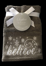Christmas Believe Fingertip Towels Embellished Embroidered Set of 2 Gray White - £29.67 GBP